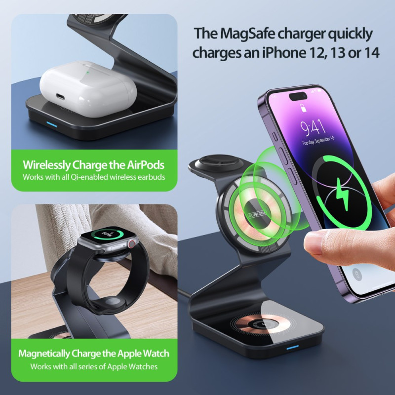 Chargeur MagSafe Rapide 3-en-1 - Chargeur Sans fil Pour Iphone, Apple  Watch, Airpods - Station de Charge - Magnétique - Chargeur à Induction