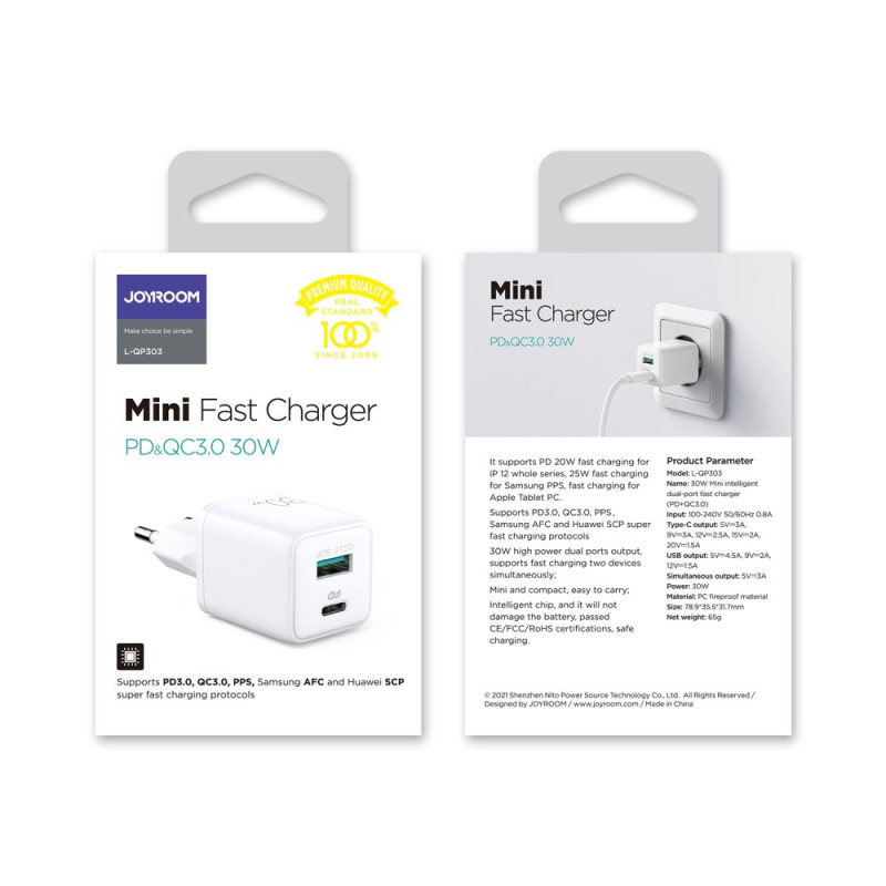 Mini Chargeur Rapide Intelligent avec Double Sorties Type-C+USB JOYROOM -  Ma Coque